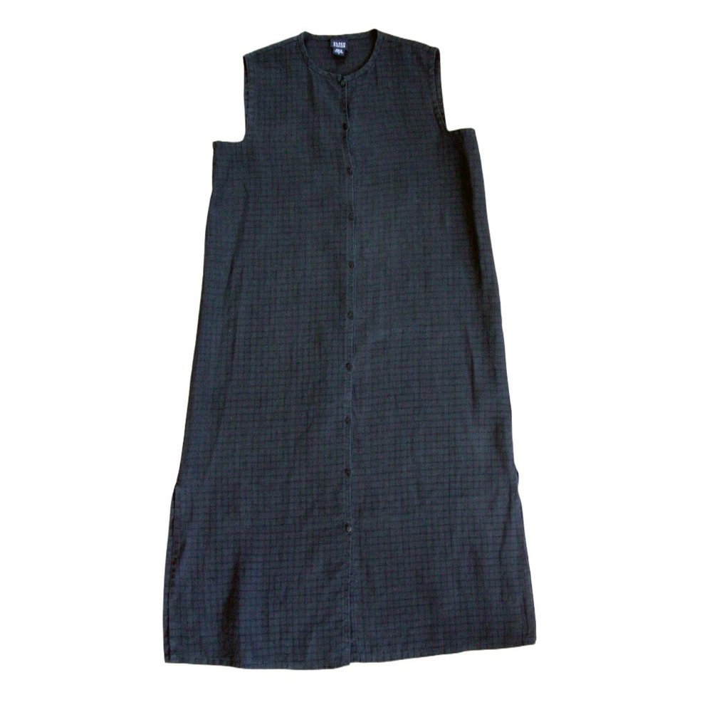 EILEEN FISHER Swan Dive Sheer Black Textured Irish Linen Button Down Dress S - Picture 6 of 8